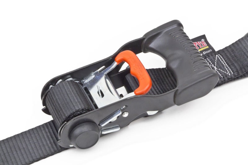PowerTye 1.5in x 6.5ft Ergonomic Locking Ratchet Soft-Tye Straps with Heavy-Duty Latch Hooks - Made in USA - 1,000 lb. Working Load Limit / 3,000 lb. Breaking Strength - Orange/Black (Pair) - Image 2